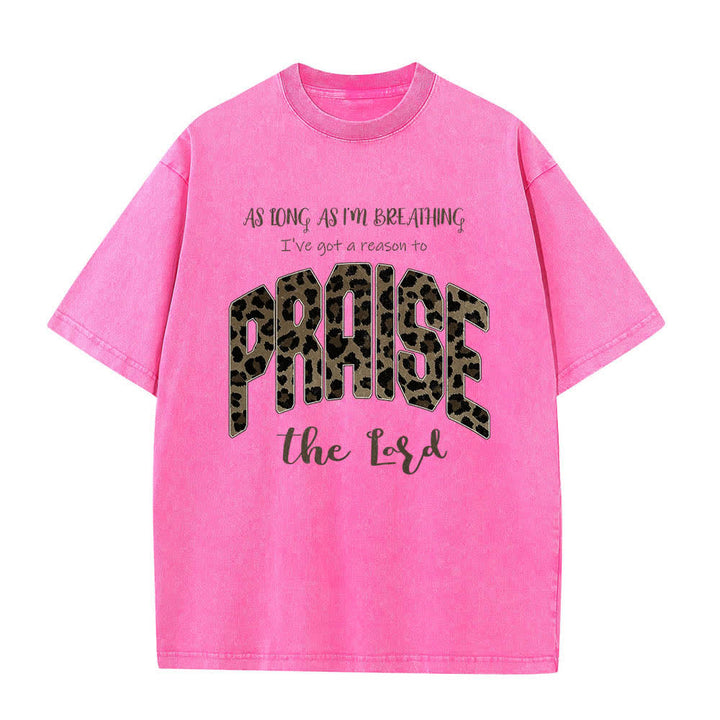 Christianartworkshop Dual-Side Praise The Lord Leopard Print Letter Washed T-shirt - Pink - 5XL - image 1