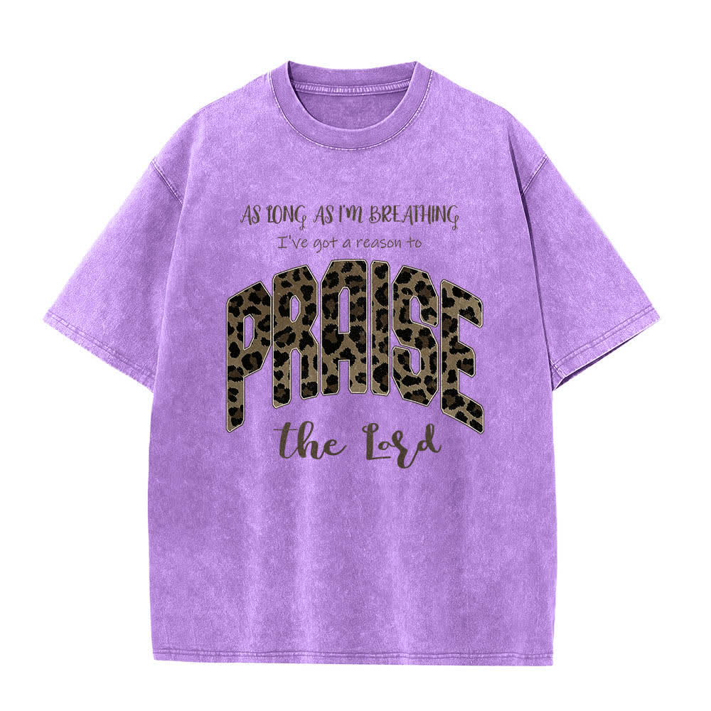 Christianartworkshop Dual-Side Praise The Lord Leopard Print Letter Washed T-shirt - Purple - 5XL - image 0