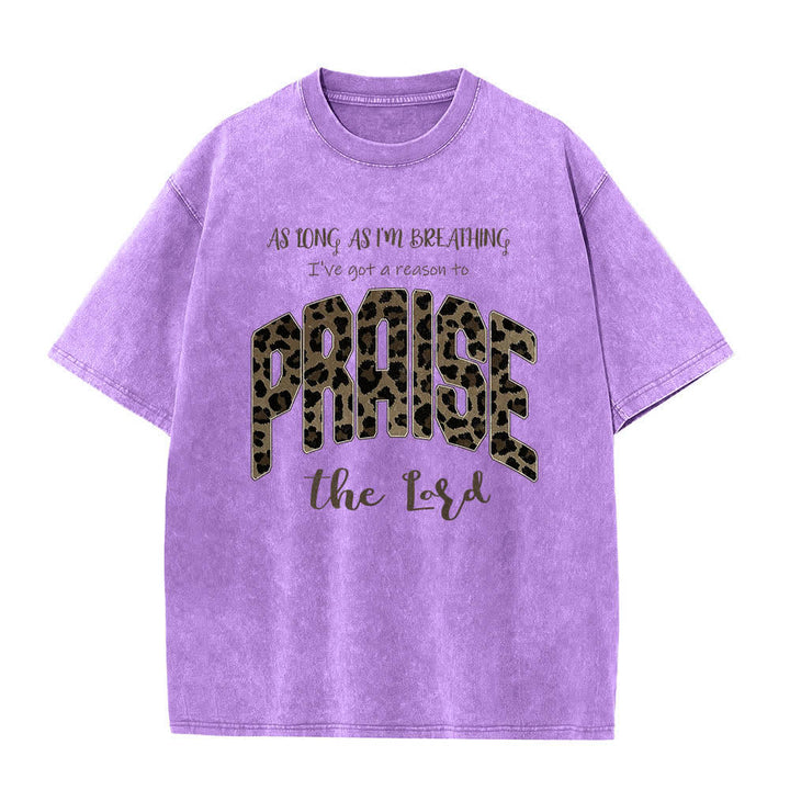 Christianartworkshop Dual-Side Praise The Lord Leopard Print Letter Washed T-shirt - Purple - 5XL - image 0