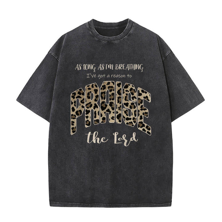 Christianartworkshop Dual-Side Praise The Lord Leopard Print Letter Washed T-shirt - Black - 5XL - image 7