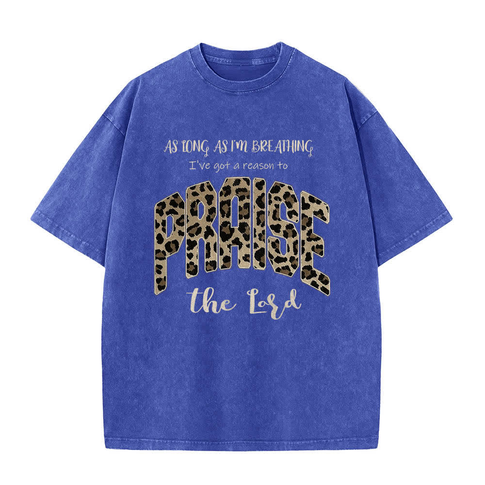 Christianartworkshop Dual-Side Praise The Lord Leopard Print Letter Washed T-shirt - Blue - 5XL - image 3