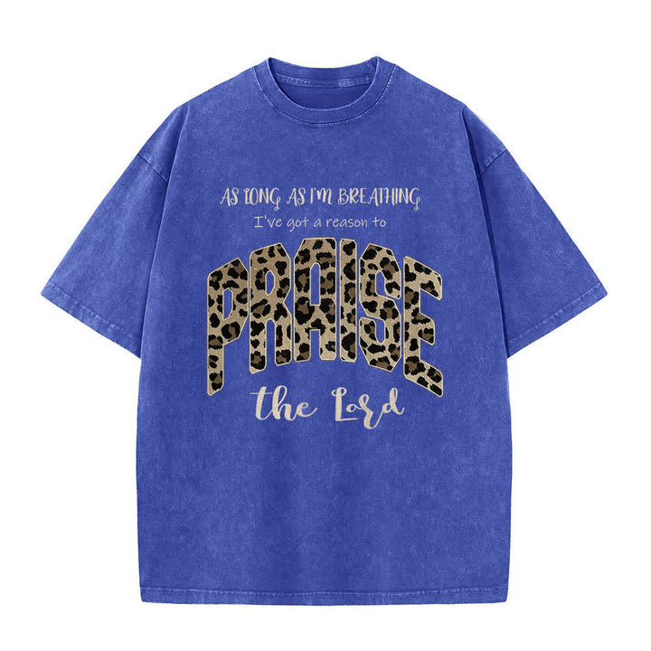 Christianartworkshop Dual-Side Praise The Lord Leopard Print Letter Washed T-shirt - Blue - 5XL - image 3