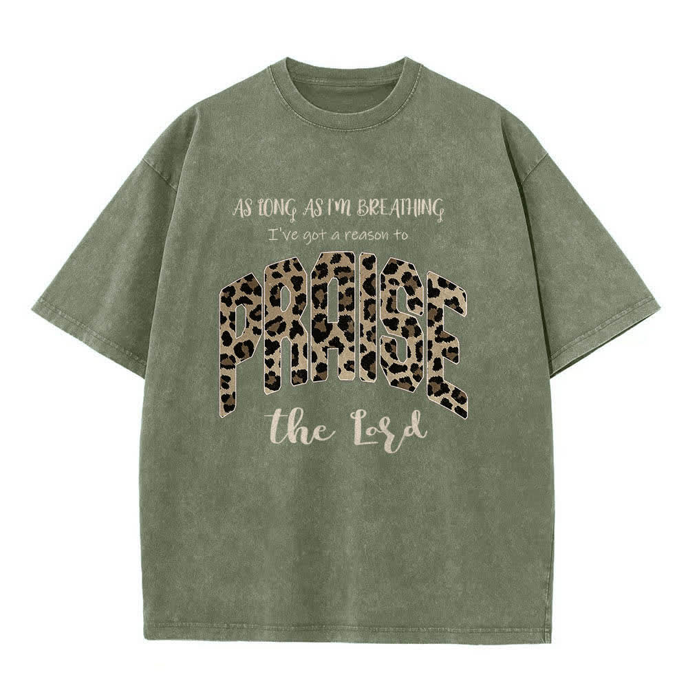 Christianartworkshop Dual-Side Praise The Lord Leopard Print Letter Washed T-shirt - Army Green - 5XL - image 2