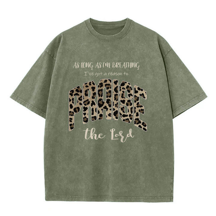 Christianartworkshop Dual-Side Praise The Lord Leopard Print Letter Washed T-shirt - Army Green - 5XL - image 2