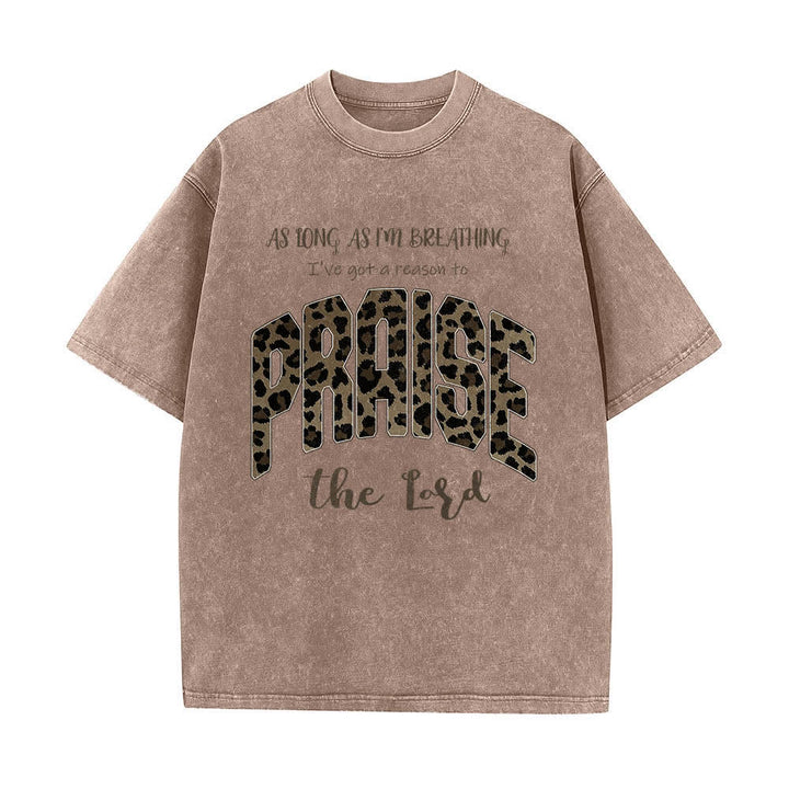 Christianartworkshop Dual-Side Praise The Lord Leopard Print Letter Washed T-shirt - Brown - 5XL - image 4
