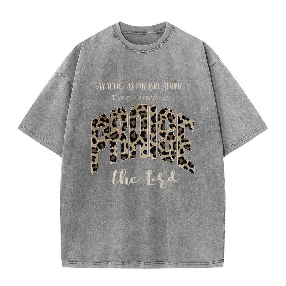 Christianartworkshop Dual-Side Praise The Lord Leopard Print Letter Washed T-shirt - Grey - 5XL - image 5