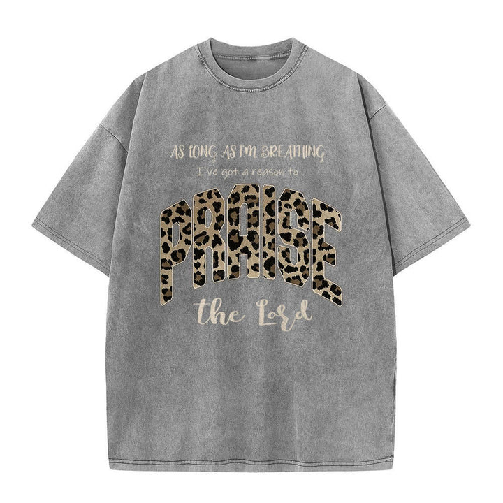 Christianartworkshop Dual-Side Praise The Lord Leopard Print Letter Washed T-shirt - Grey - 5XL - image 5