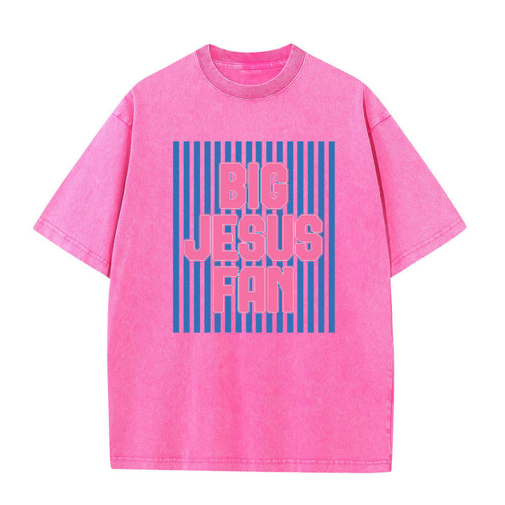Christianartworkshop Dual-Side Big Jesus Fan Striped Letter Print Washed T-shirt - Pink - 5XL - image 2