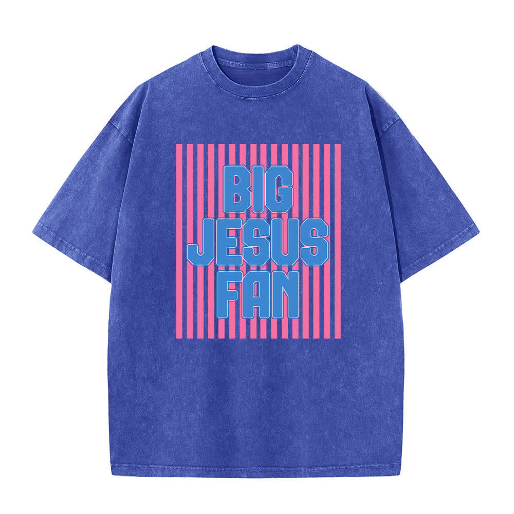 Christianartworkshop Dual-Side Big Jesus Fan Striped Letter Print Washed T-shirt - Blue - 5XL - image 4