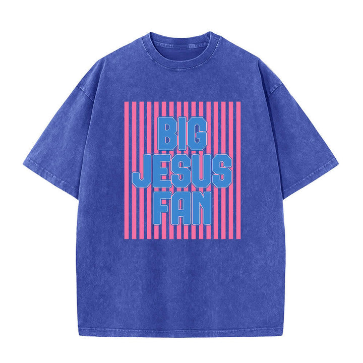 Christianartworkshop Dual-Side Big Jesus Fan Striped Letter Print Washed T-shirt - Blue - 5XL - image 4