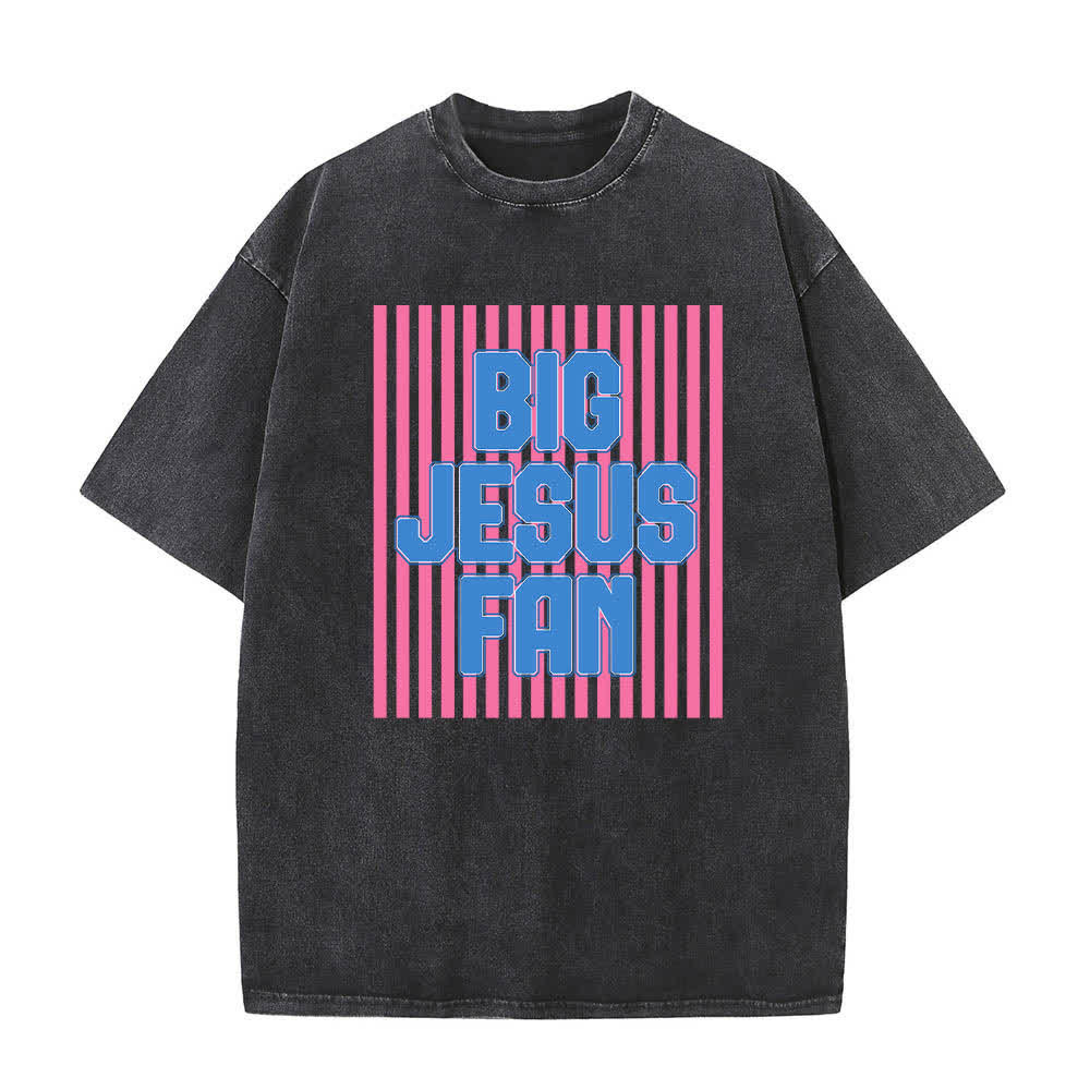 Christianartworkshop Dual-Side Big Jesus Fan Striped Letter Print Washed T-shirt - Black - 5XL - image 8