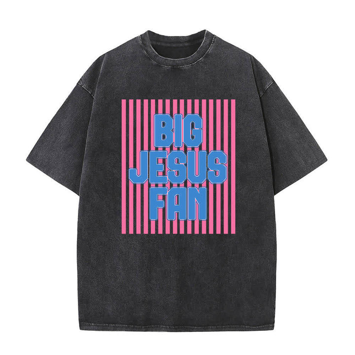 Christianartworkshop Dual-Side Big Jesus Fan Striped Letter Print Washed T-shirt - Black - 5XL - image 8