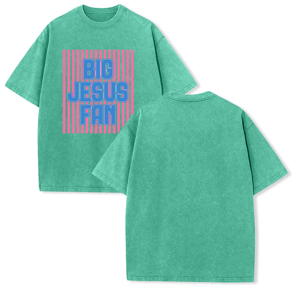 Christianartworkshop Dual-Side Big Jesus Fan Striped Letter Print Washed T-shirt - Green - 5XL - image 21