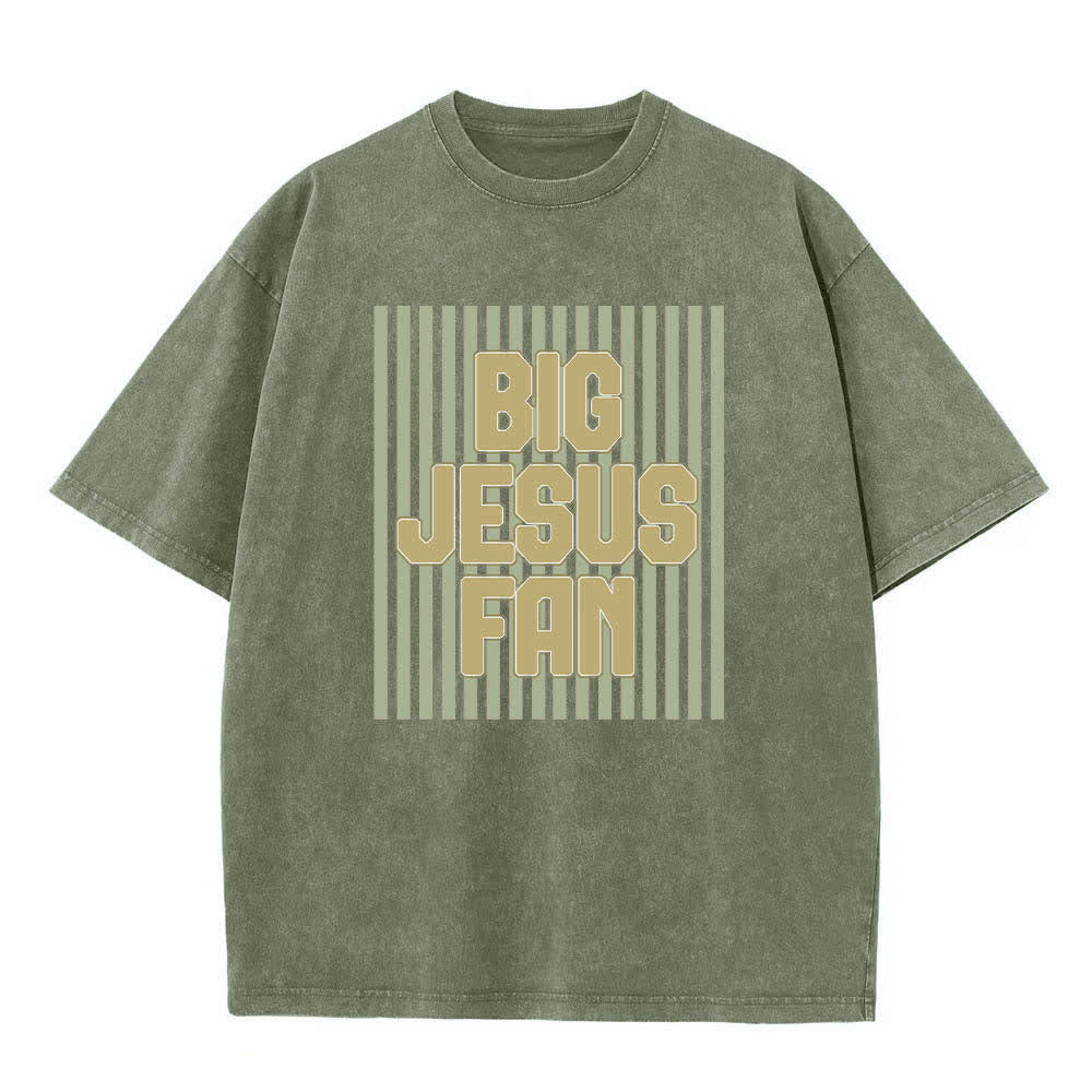 Christianartworkshop Dual-Side Big Jesus Fan Striped Letter Print Washed T-shirt - Army Green - 5XL - image 3