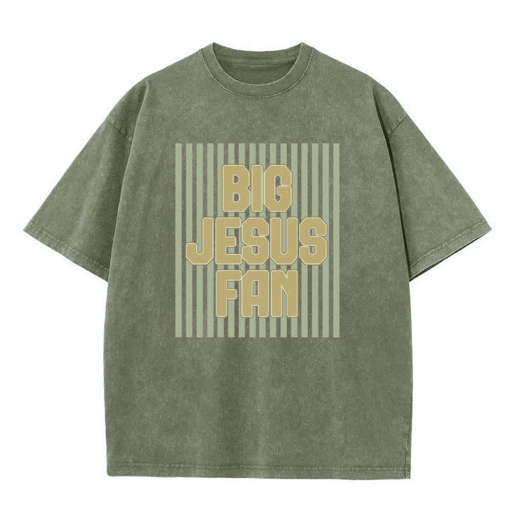 Christianartworkshop Dual-Side Big Jesus Fan Striped Letter Print Washed T-shirt - Army Green - 5XL - image 3