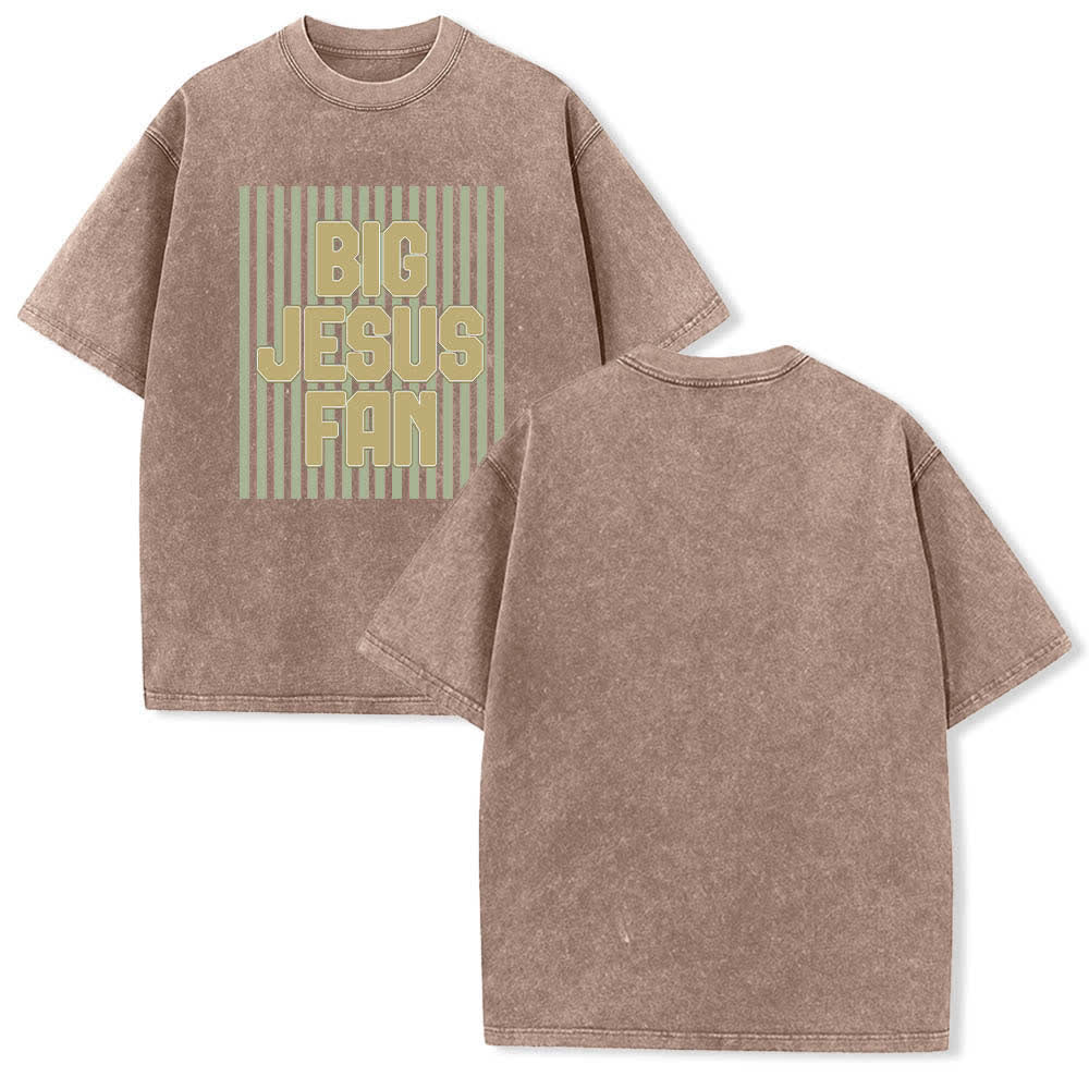 Christianartworkshop Dual-Side Big Jesus Fan Striped Letter Print Washed T-shirt - Brown - 5XL - image 15
