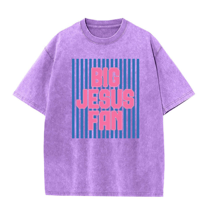 Christianartworkshop Dual-Side Big Jesus Fan Striped Letter Print Washed T-shirt - Purple - 5XL - image 1