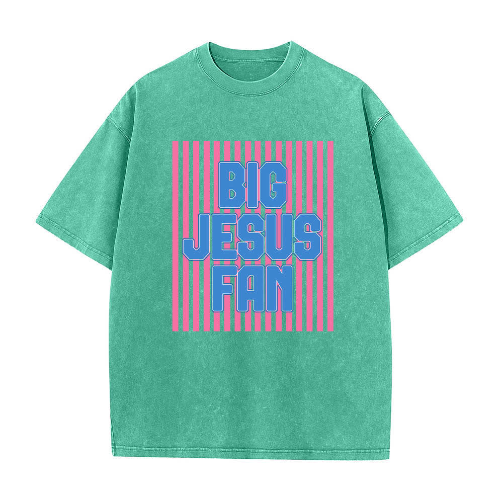 Christianartworkshop Dual-Side Big Jesus Fan Striped Letter Print Washed T-shirt - Green - 5XL - image 7