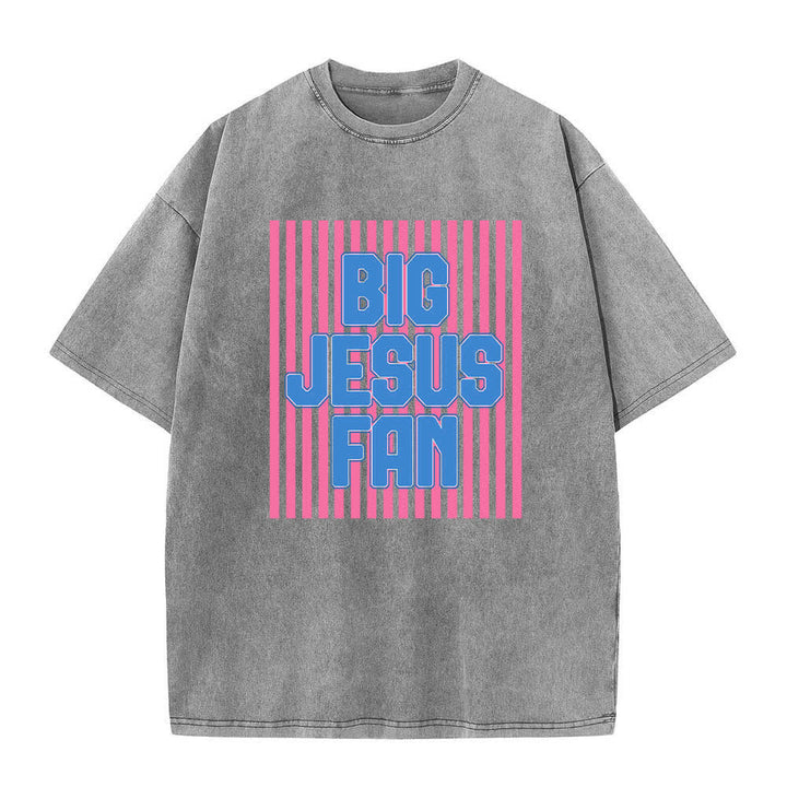 Christianartworkshop Dual-Side Big Jesus Fan Striped Letter Print Washed T-shirt - Grey - 5XL - image 6