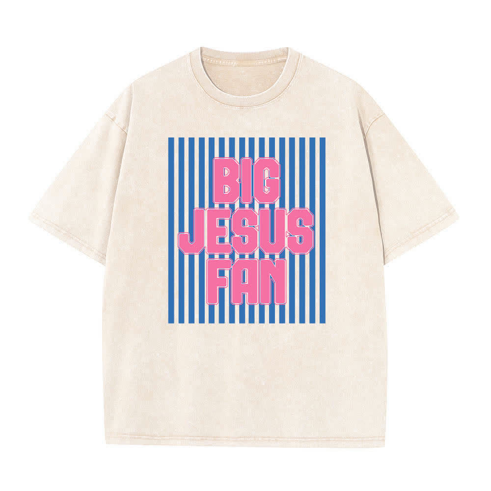 Christianartworkshop Dual-Side Big Jesus Fan Striped Letter Print Washed T-shirt - Beige - 5XL - image 0