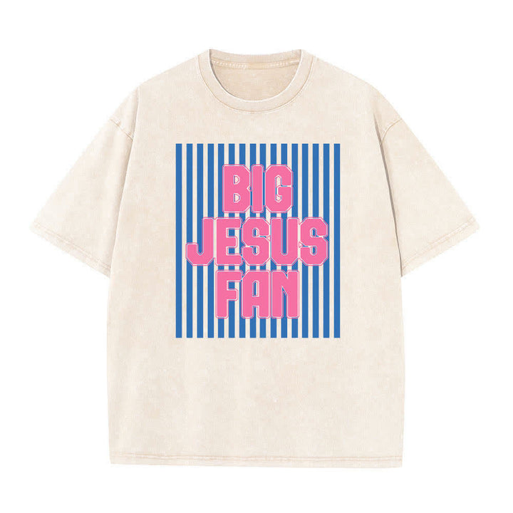 Christianartworkshop Dual-Side Big Jesus Fan Striped Letter Print Washed T-shirt - Beige - 5XL - image 0