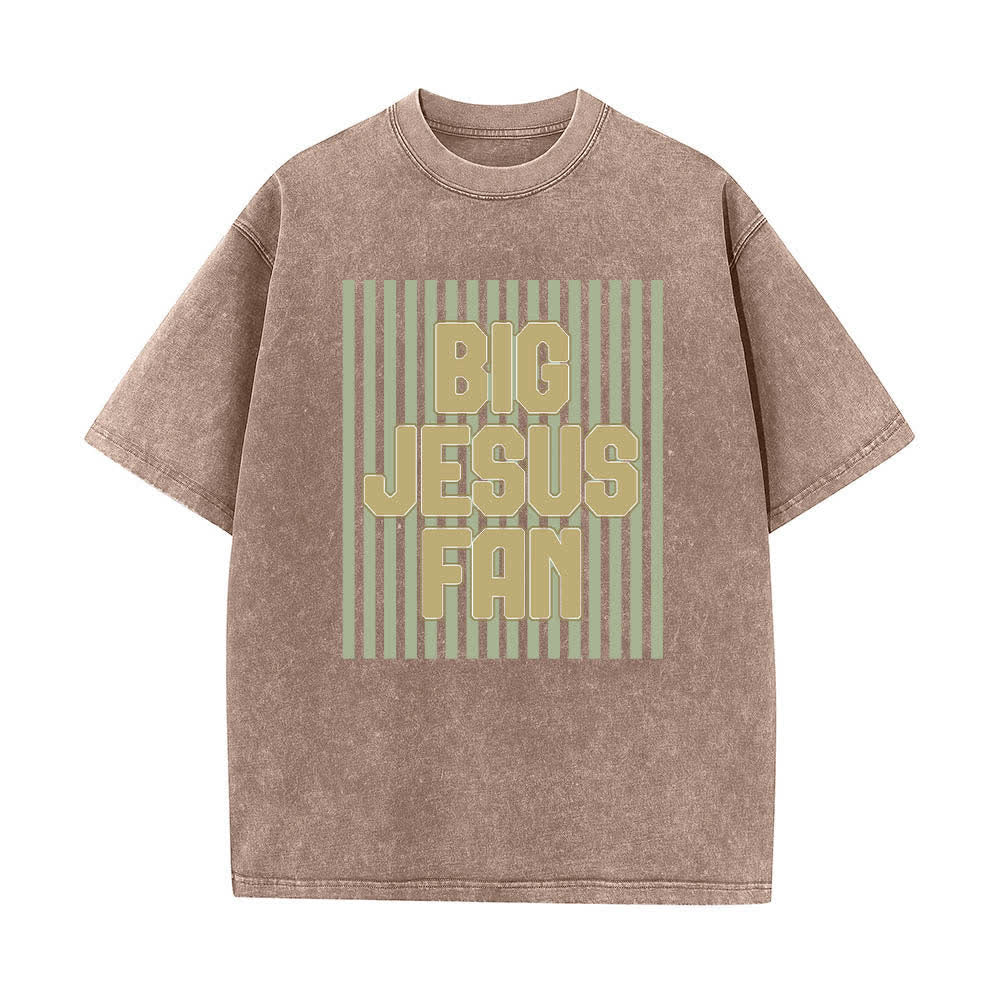 Christianartworkshop Dual-Side Big Jesus Fan Striped Letter Print Washed T-shirt - Brown - 5XL - image 5