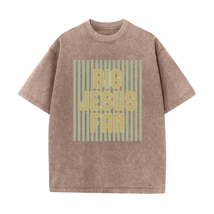 Christianartworkshop Dual-Side Big Jesus Fan Striped Letter Print Washed T-shirt - Brown - 5XL - image 5