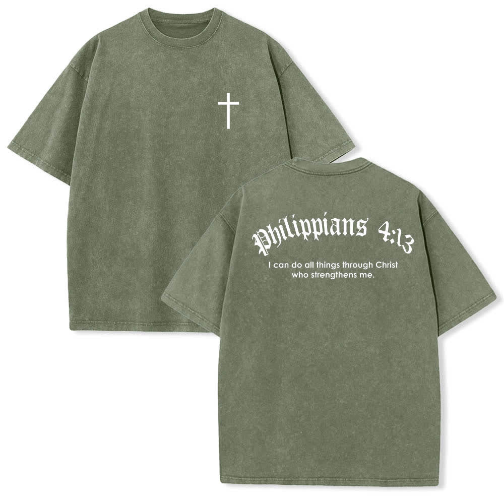 Christianartworkshop Dual-Side Philippians 4:13 Cross Scripture Letter Print Washed T-shirt - Army Green - 5XL - image 18
