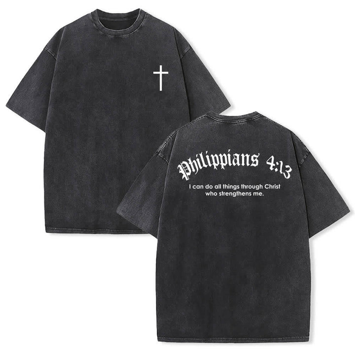 Christianartworkshop Dual-Side Philippians 4:13 Cross Scripture Letter Print Washed T-shirt - Black - 5XL - image 6