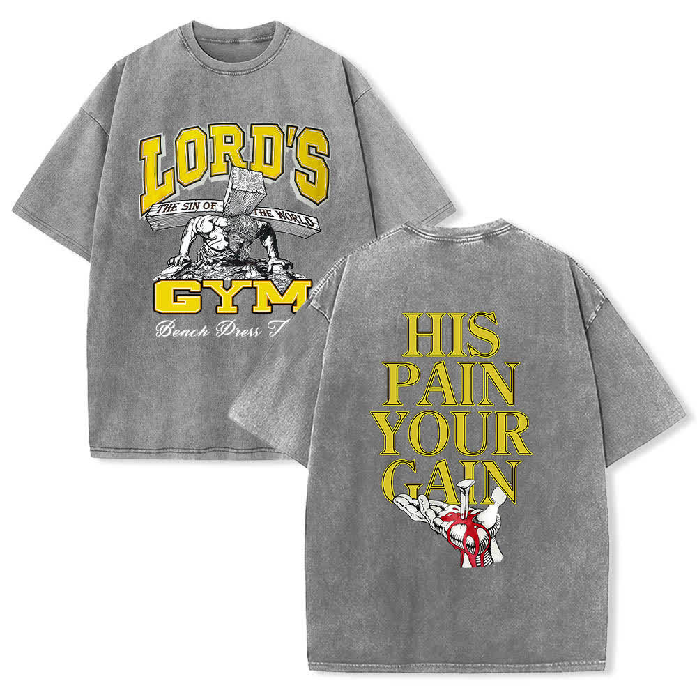 Christianartworkshop Dual-Side Lord's Gym His Pain Your Gain Graphic Letter Print Washed T-shirt - Grey - 5XL - image 3