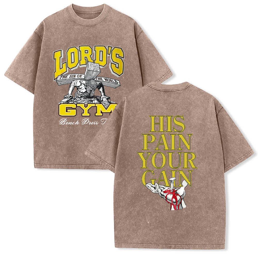 Christianartworkshop Dual-Side Lord's Gym His Pain Your Gain Graphic Letter Print Washed T-shirt - Brown - 5XL - image 0