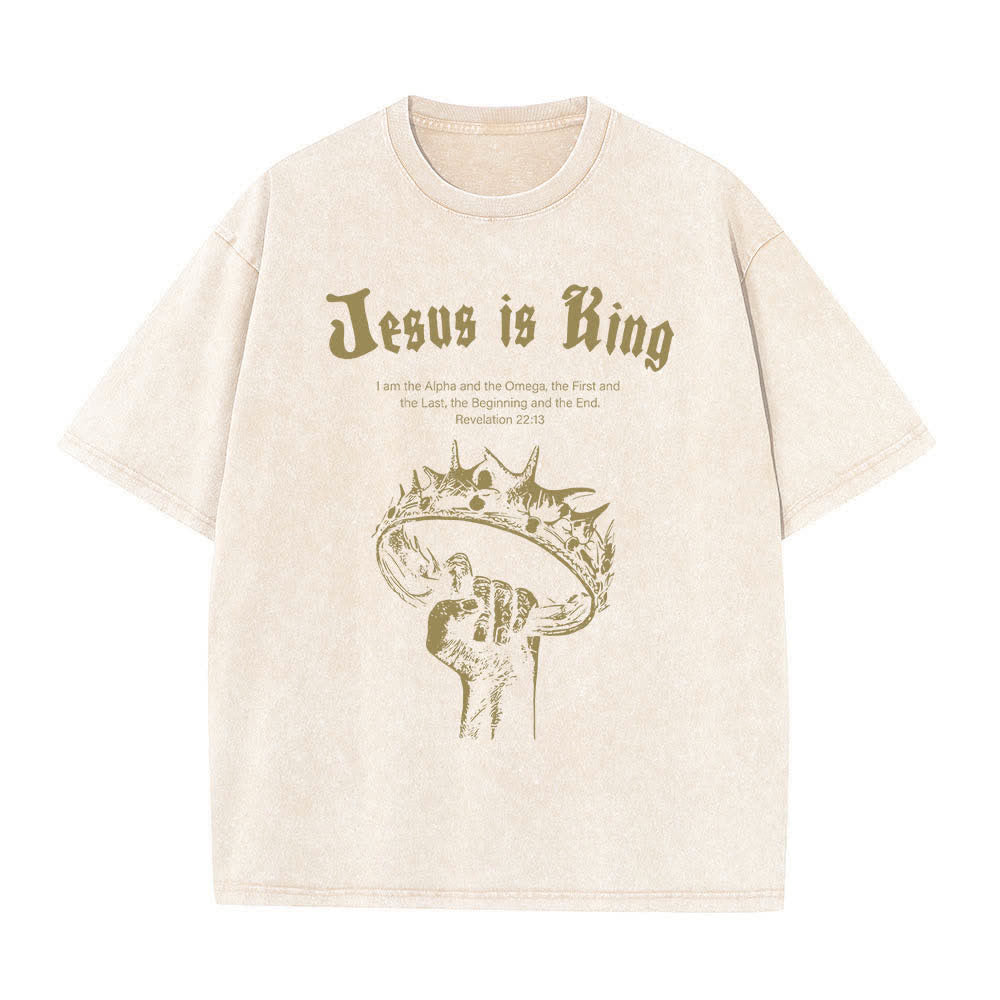 Christianartworkshop Dual-Side Jesus Is King Crown Of Thorns Scripture Letter Print Washed T-shirt - Beige - 5XL - image 5