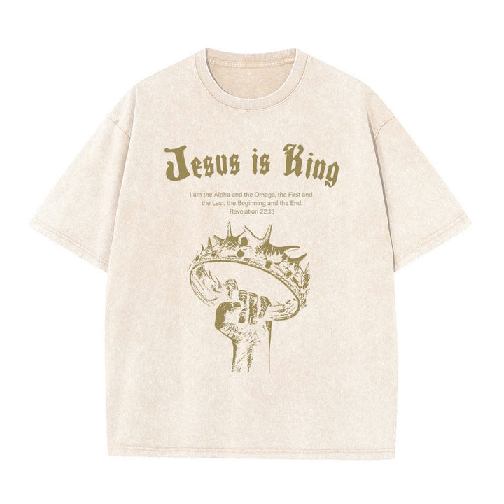 Christianartworkshop Dual-Side Jesus Is King Crown Of Thorns Scripture Letter Print Washed T-shirt - Beige - 5XL - image 5