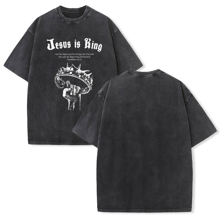 Christianartworkshop Dual-Side Jesus Is King Crown Of Thorns Scripture Letter Print Washed T-shirt - Black - 5XL - image 12