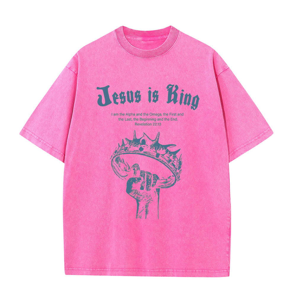 Christianartworkshop Dual-Side Jesus Is King Crown Of Thorns Scripture Letter Print Washed T-shirt - Pink - 5XL - image 7