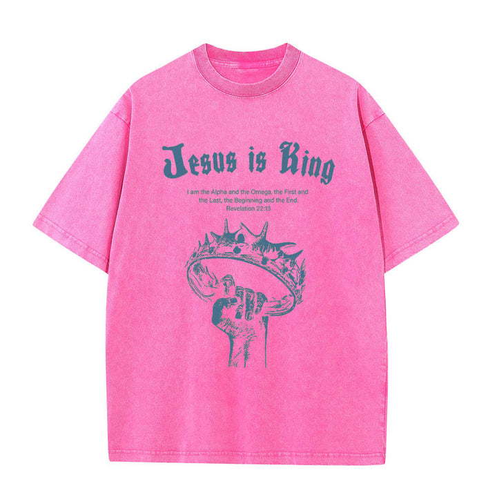 Christianartworkshop Dual-Side Jesus Is King Crown Of Thorns Scripture Letter Print Washed T-shirt - Pink - 5XL - image 7