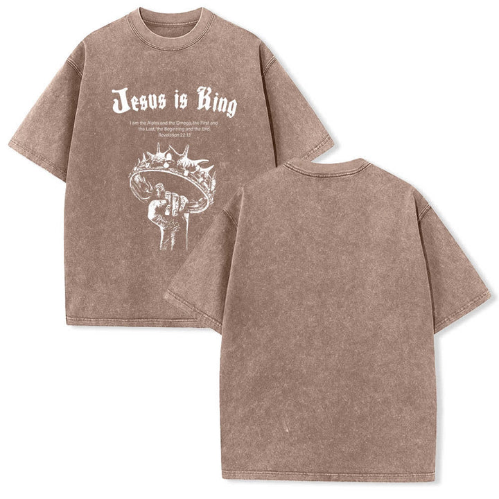 Christianartworkshop Dual-Side Jesus Is King Crown Of Thorns Scripture Letter Print Washed T-shirt - Brown - 5XL - image 3
