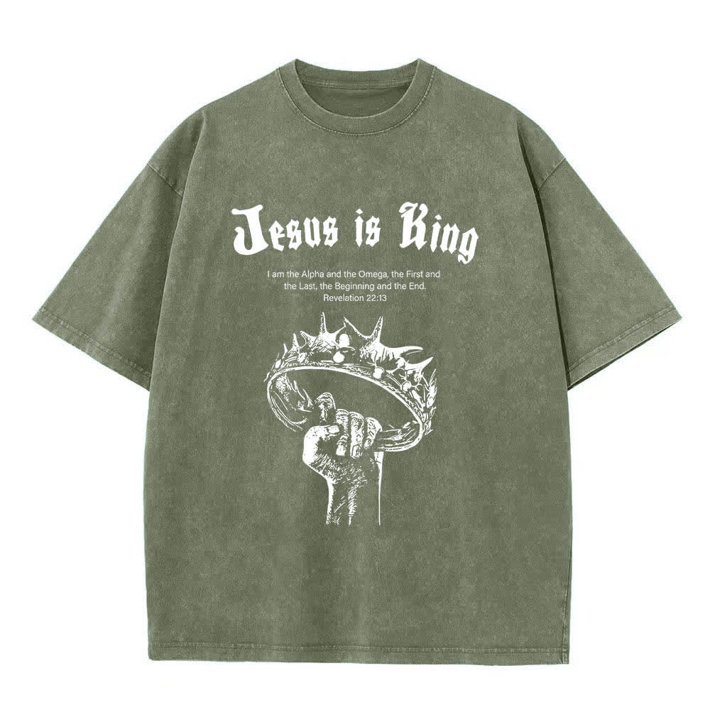 Christianartworkshop Dual-Side Jesus Is King Crown Of Thorns Scripture Letter Print Washed T-shirt - Army Green - 5XL - image 8