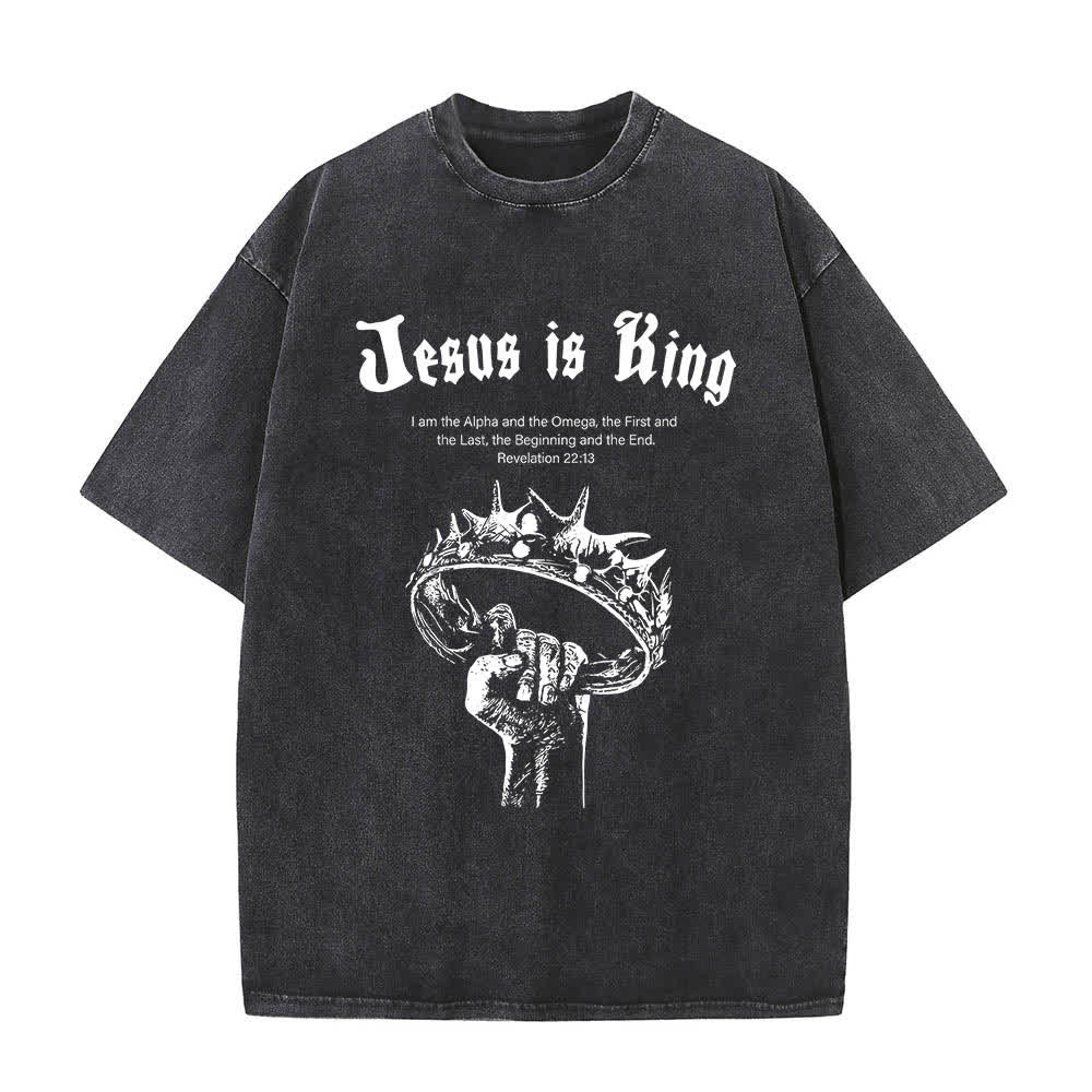 Christianartworkshop Dual-Side Jesus Is King Crown Of Thorns Scripture Letter Print Washed T-shirt - Black - 5XL - image 4