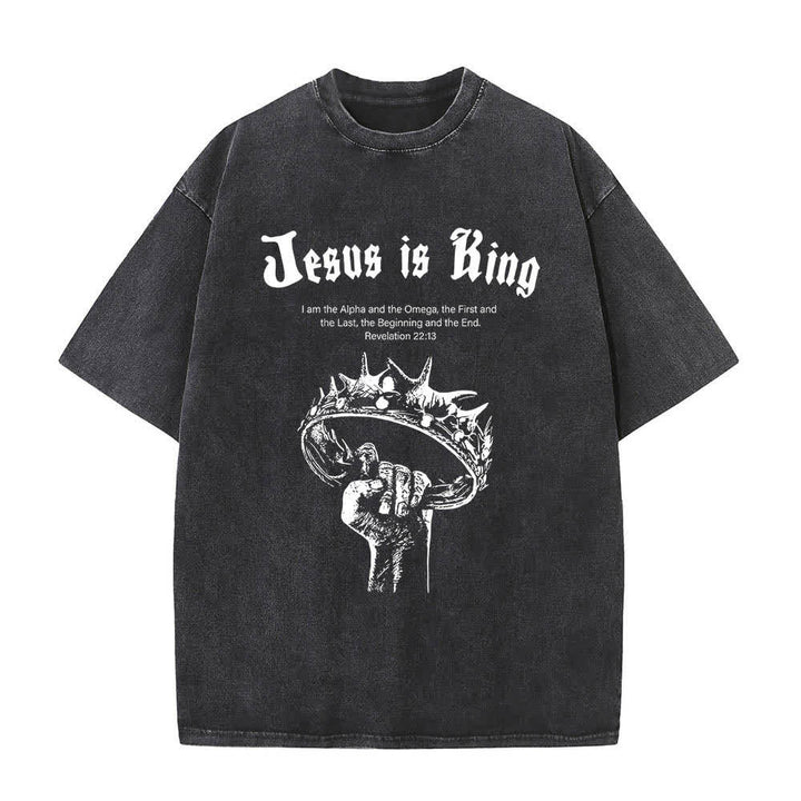 Christianartworkshop Dual-Side Jesus Is King Crown Of Thorns Scripture Letter Print Washed T-shirt - Black - 5XL - image 4