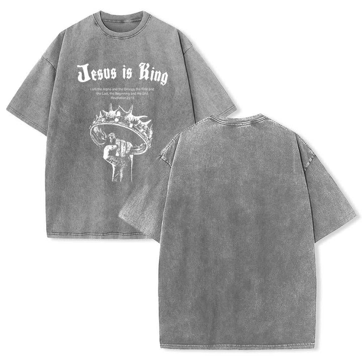 Christianartworkshop Dual-Side Jesus Is King Crown Of Thorns Scripture Letter Print Washed T-shirt - Grey - 5XL - image 6