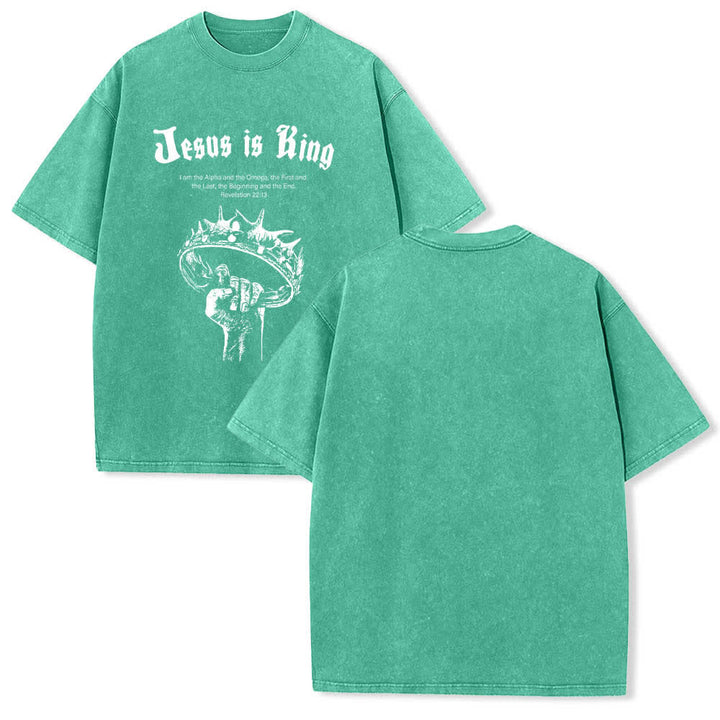 Christianartworkshop Dual-Side Jesus Is King Crown Of Thorns Scripture Letter Print Washed T-shirt - Green - 5XL - image 9