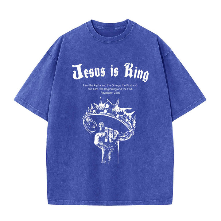 Christianartworkshop Dual-Side Jesus Is King Crown Of Thorns Scripture Letter Print Washed T-shirt - Blue - 5XL - image 0