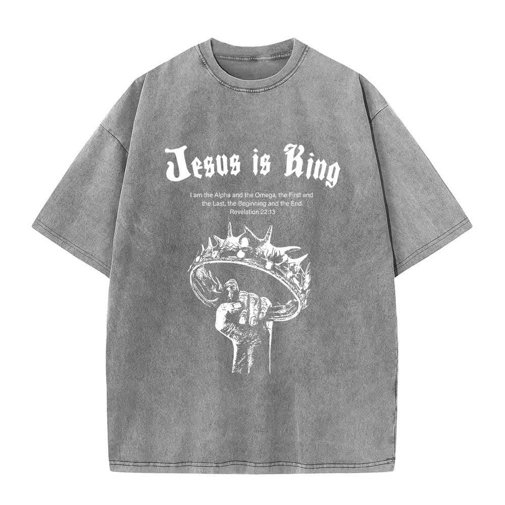Christianartworkshop Dual-Side Jesus Is King Crown Of Thorns Scripture Letter Print Washed T-shirt - Grey - 5XL - image 2