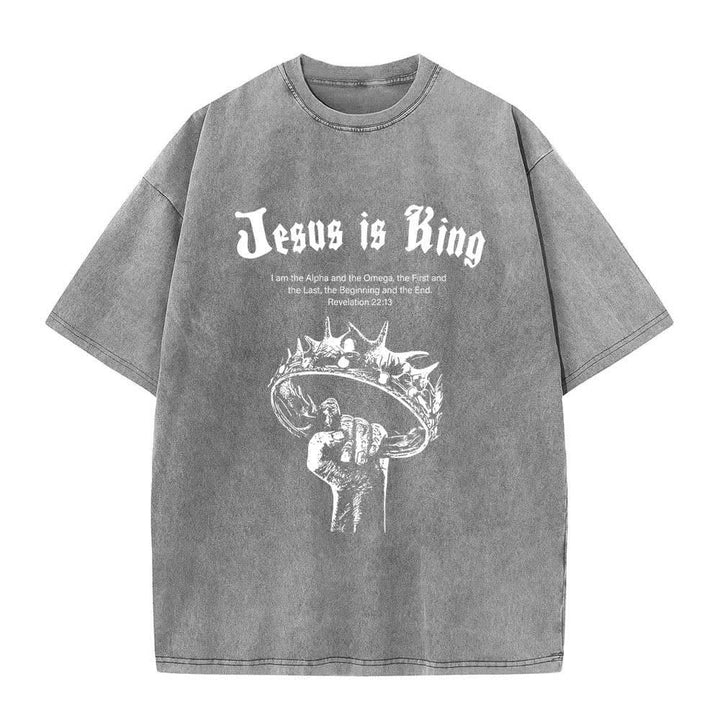 Christianartworkshop Dual-Side Jesus Is King Crown Of Thorns Scripture Letter Print Washed T-shirt - Grey - 5XL - image 2