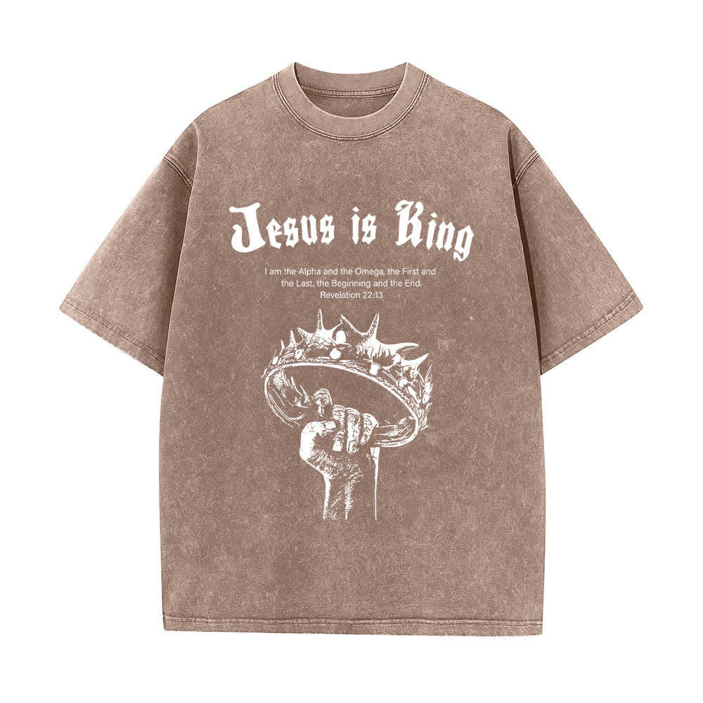 Christianartworkshop Dual-Side Jesus Is King Crown Of Thorns Scripture Letter Print Washed T-shirt - Brown - 5XL - image 1