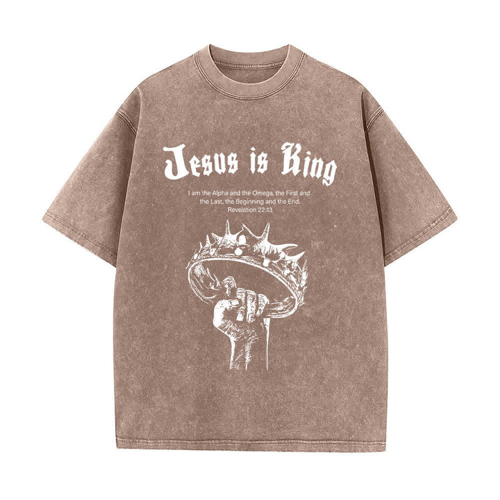 Christianartworkshop Dual-Side Jesus Is King Crown Of Thorns Scripture Letter Print Washed T-shirt - Brown - 5XL - image 1