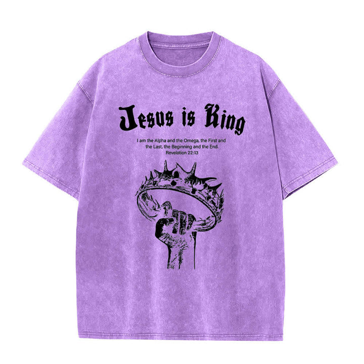Christianartworkshop Dual-Side Jesus Is King Crown Of Thorns Scripture Letter Print Washed T-shirt - Purple - 5XL - image 6