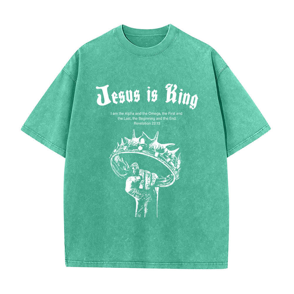 Christianartworkshop Dual-Side Jesus Is King Crown Of Thorns Scripture Letter Print Washed T-shirt - Green - 5XL - image 3