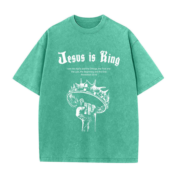 Christianartworkshop Dual-Side Jesus Is King Crown Of Thorns Scripture Letter Print Washed T-shirt - Green - 5XL - image 3